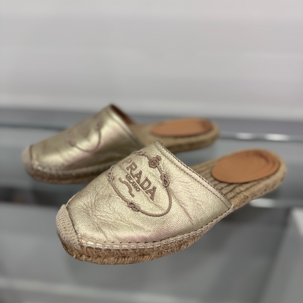 Prada Logo Embroidered Gold Slippers Mules (sz 36)